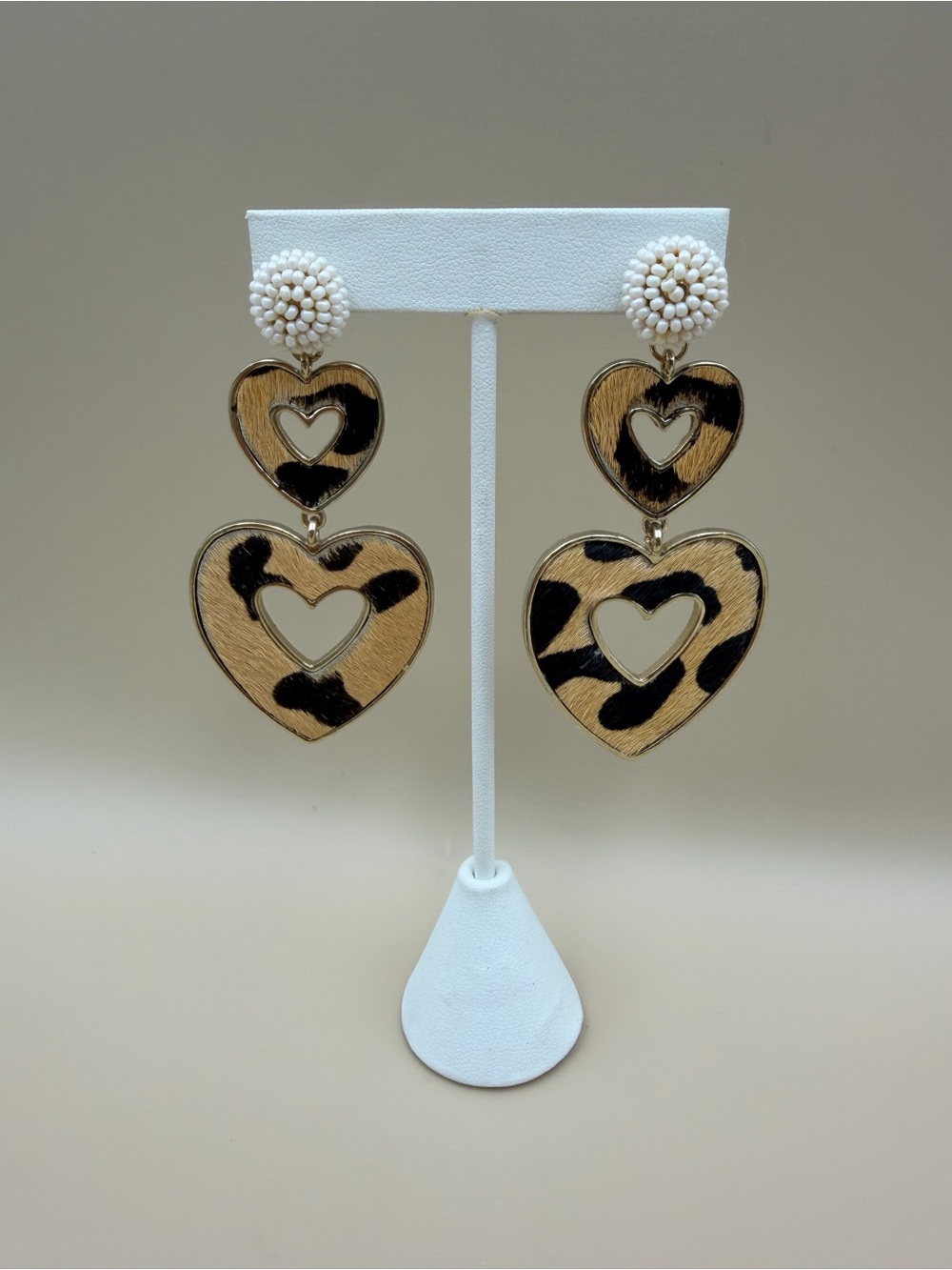 Leopard Print Double Heart Statement Earrings